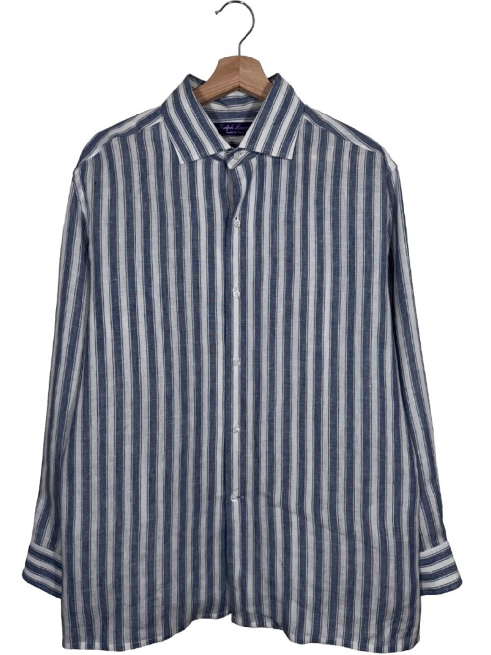 Ralph Lauren Purple Label Blue Vertical Striped 100% Linen Shirt Women's size XL
